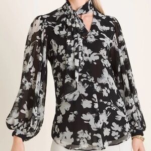 Chico’s Bow Blouse Abstract Floral Top LS Woven Pattern. Size 3